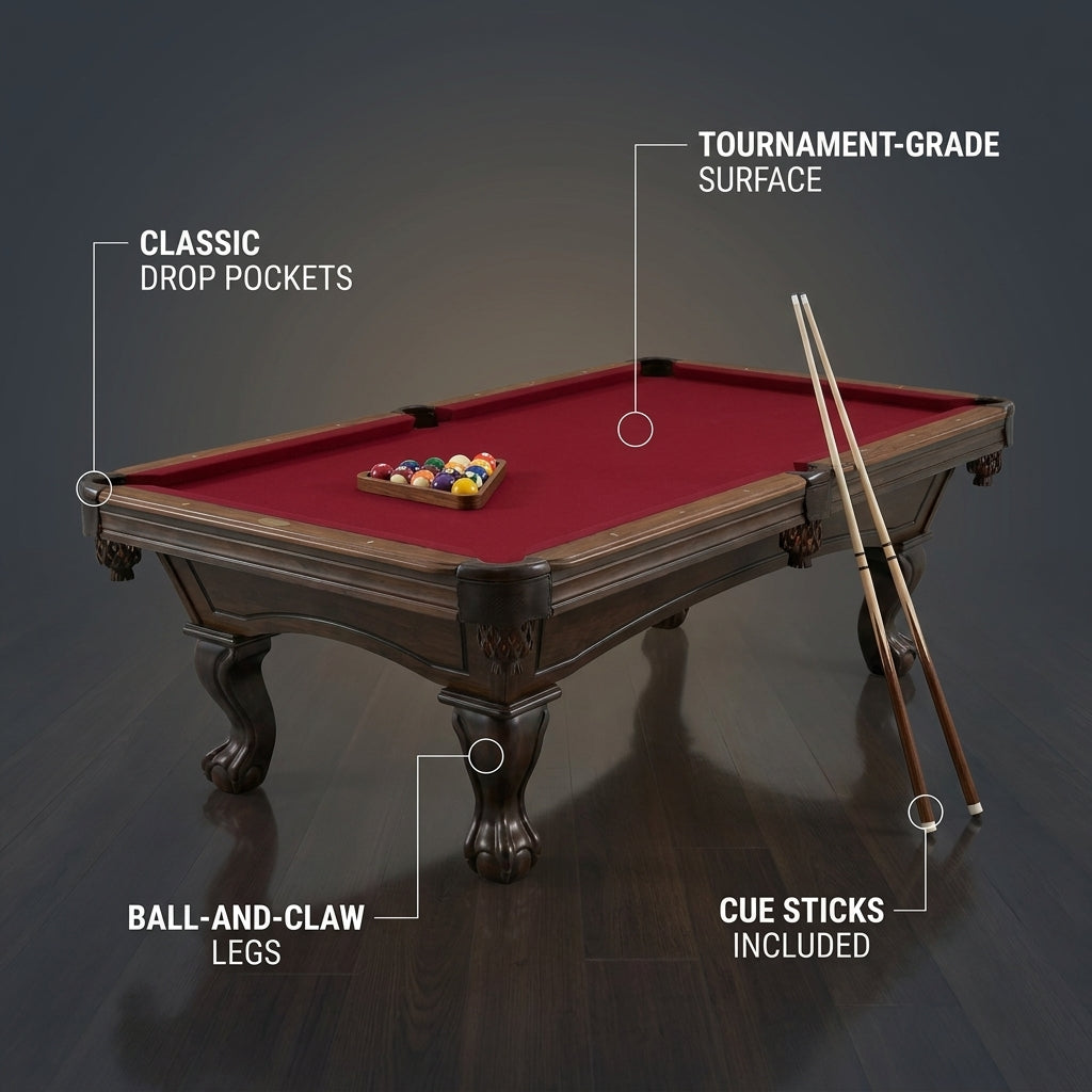8ft Pool Table Built for Professional Play, Cue Sticks Included, Drop Pockets, Complete Ball Set — infographic