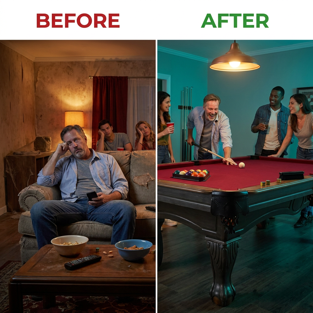 Arlington 8 Ft. Pool Table with Drop Pockets, Cue Sticks and Ball Set — Before & After