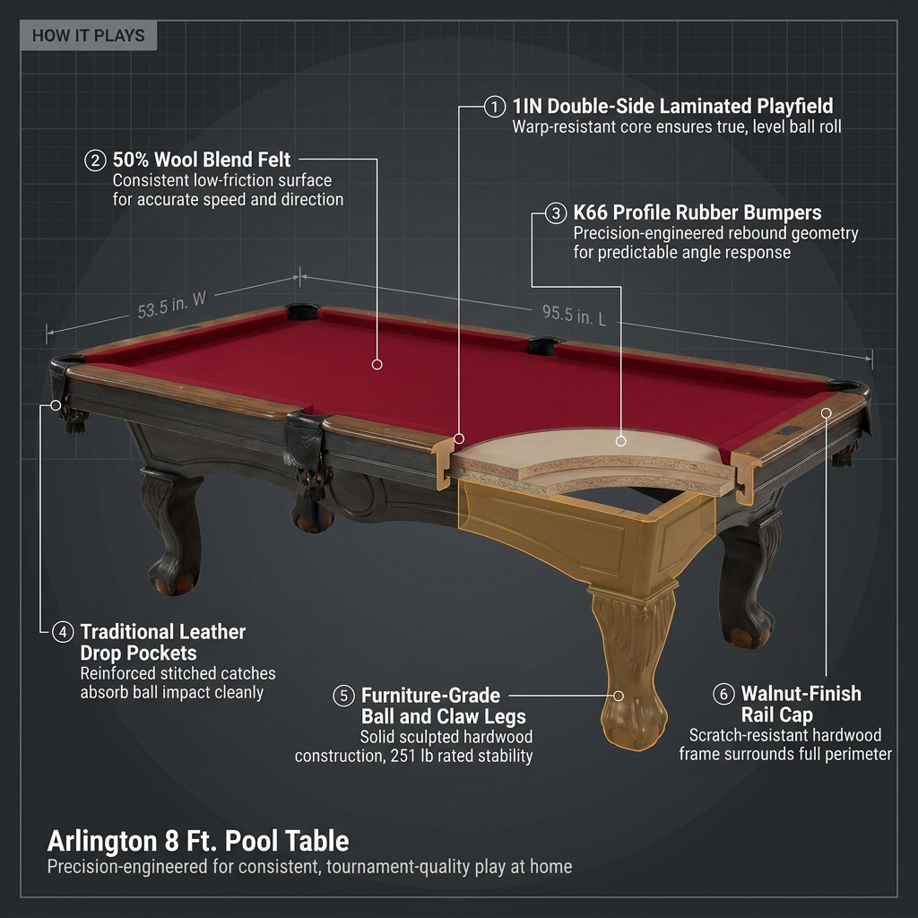 Arlington 8 Ft. Pool Table with Drop Pockets, Cue Sticks and Ball Set — How It Works