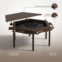 Wood Poker Table Convertible Gaming/Dining Table for 4-6 People with Removable Top, 6-Cup Holders — infographic